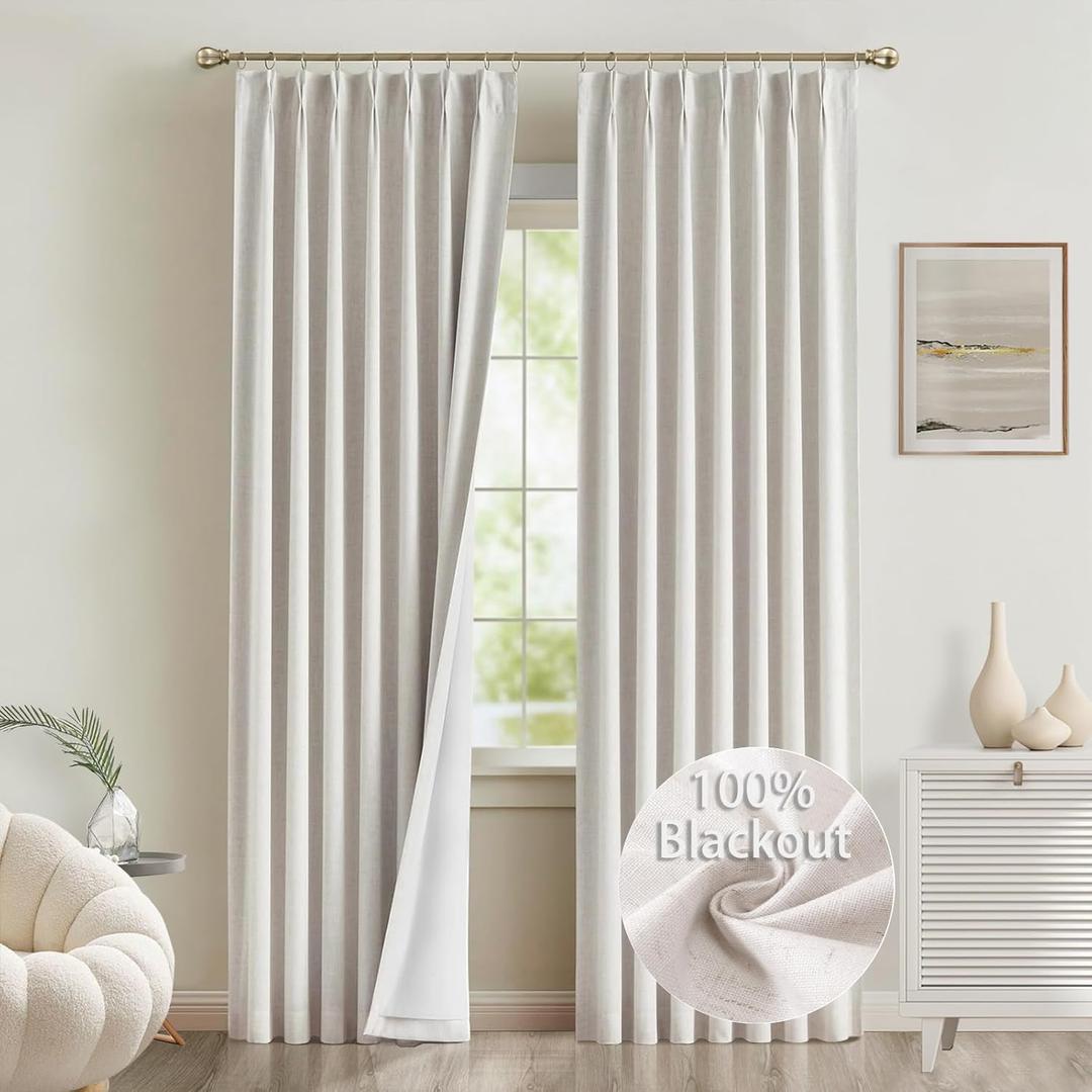Natural Linen Pinch Pleated Curtains 90 inches Long 2 Panels 100% Blackout Linen Curtains for Living Room Bedroom Back Tab Room Darkening Two Pages Pinch Pleat Drapes with Hooks 40" Wx90 L