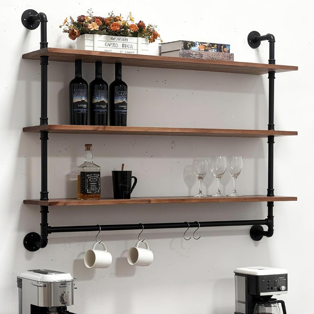 Industrial Pipe Shelving Pine Shelf,Pipe Shelves with Wood Planks,Wall Mounted Bookshelf,Floating Bar Shelves(3 Tier 42In)