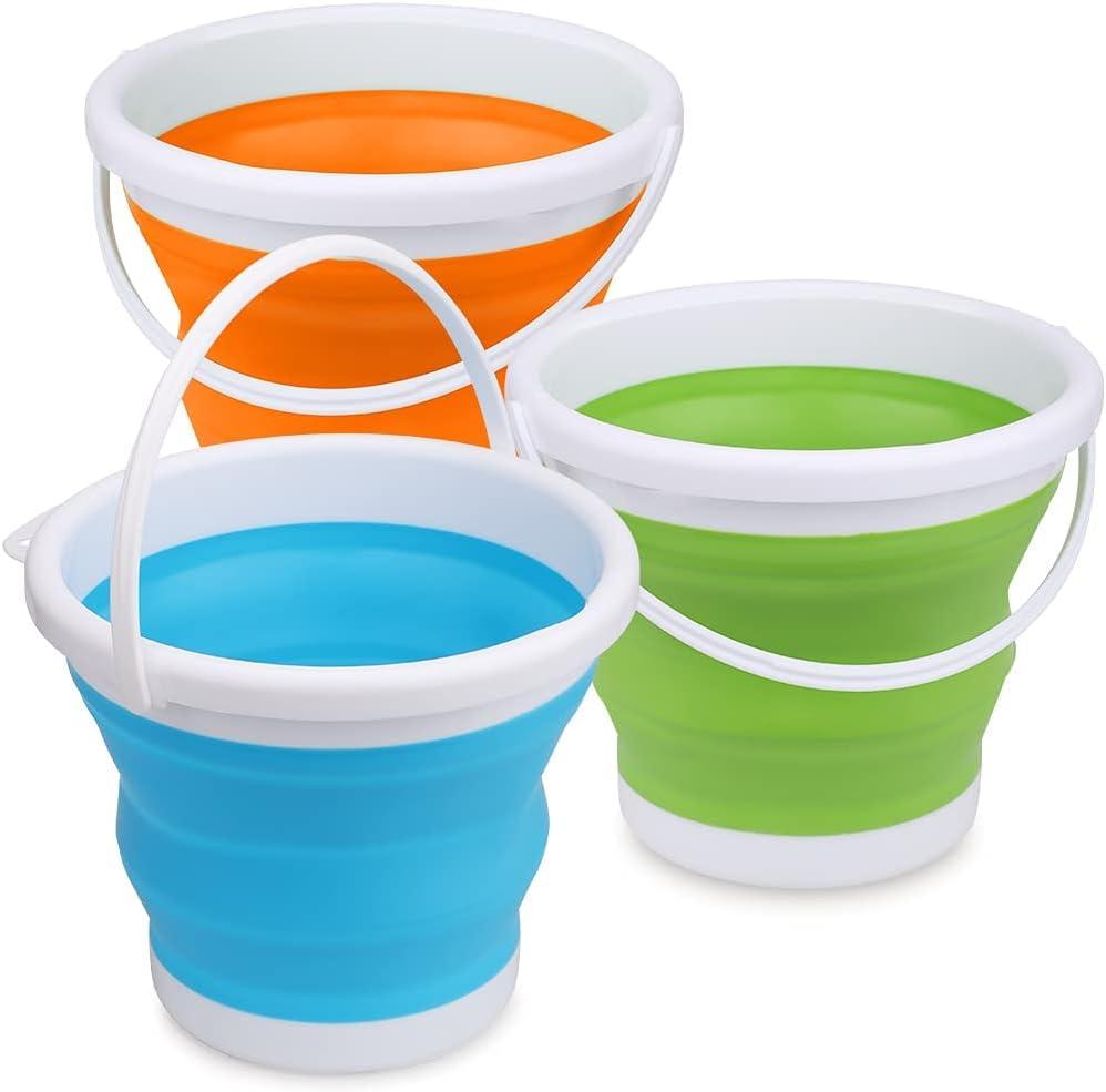 Silicone Beach Foldable Buckets Toys Halloween Bucket, 3L Jumbo Sand Pails Bucket Set with Mesh Bag, Swimming Pool Toys for Kids Adults, Gift Set for Gardening, Travel, Fishing, Cleaning, Camping, Multicolor