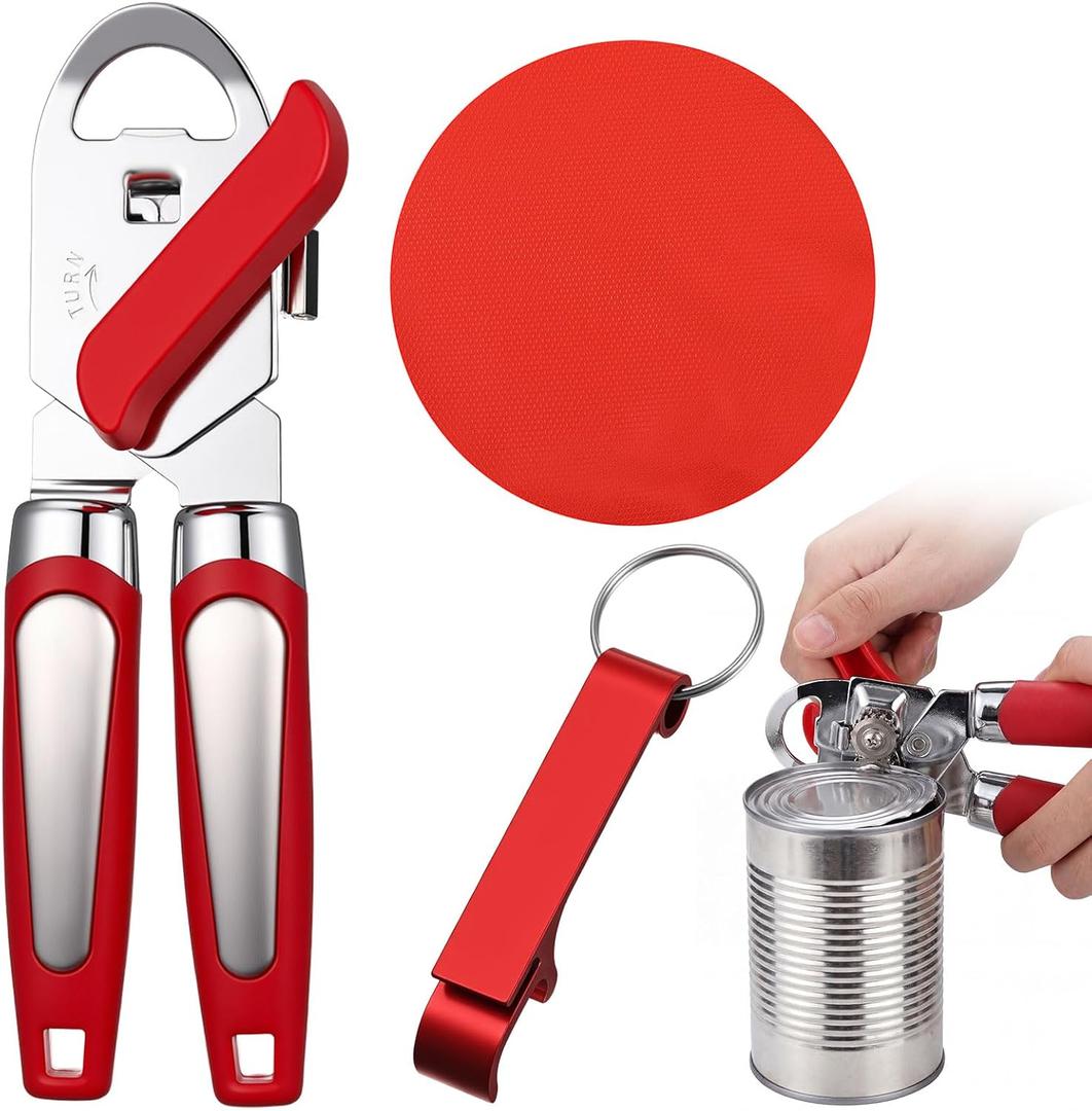 3 Set Stainless Steel Manual Can Openers with Magnet Include 1 Can Openers & 1 Jar Opener Gripper Pad & 1 Beer Opener Keychain Heavy Duty Bottle Open with Grip Handle for Weak Hands Seniors