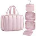 BAGSMART Travel Toiletry Bag for women, Portable Hanging Hook Makeup Bag Organizer, Waterproof Makeup Cosmetic Bag, for Full-Size Accessories, Toiletries, Pink