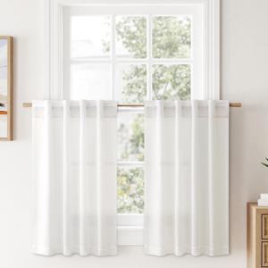 MIULEE Linen Textured Small Kitchen Window Curtains Over Sink, Semi Sheer Farmhouse Cafe Curtain 36 Inch Long Short Back Tab Half Window Curtains for Bathroom Basement 2 Panels Heathered White