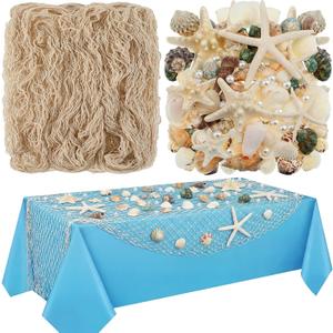 Novabright 158 Pcs Beach Party Decorations Tablecloth Ocean Themed Fish Net Table Decor with Disposable Tablecloth Seashells Starfish Conch for Under The Sea Summer Birthday Mermaid Party(Sky Blue)