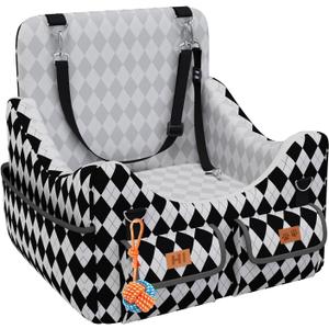 Dog Car Seat for Small/Medium Dogs up to 35lbs, 4-Pocket Storage Memory Foam Dog Booster Seat, Detachable Washable Pet Car Seat with Safety Belt, Outdoor & Indoor Use (Black/White)