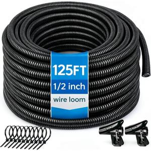 Automotive Wire Loom Flame Retardant Split Wire Loom Tubing Assortment Wiring Loom Kit Plastic Cover Electrical Covering Conduit Protective Wire Wrap Cable Sleeves Black 1/2" x 125 Ft