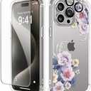 GVIEWIN for iPhone 15 Pro Max Case, [3 in 1] with Screen Protector & Camera Lens Protector, Clear Hard Shockproof Slim Fit Floral Phone Cover for Women Girls 2023 6.7"(Begonia Flowers/Blue)