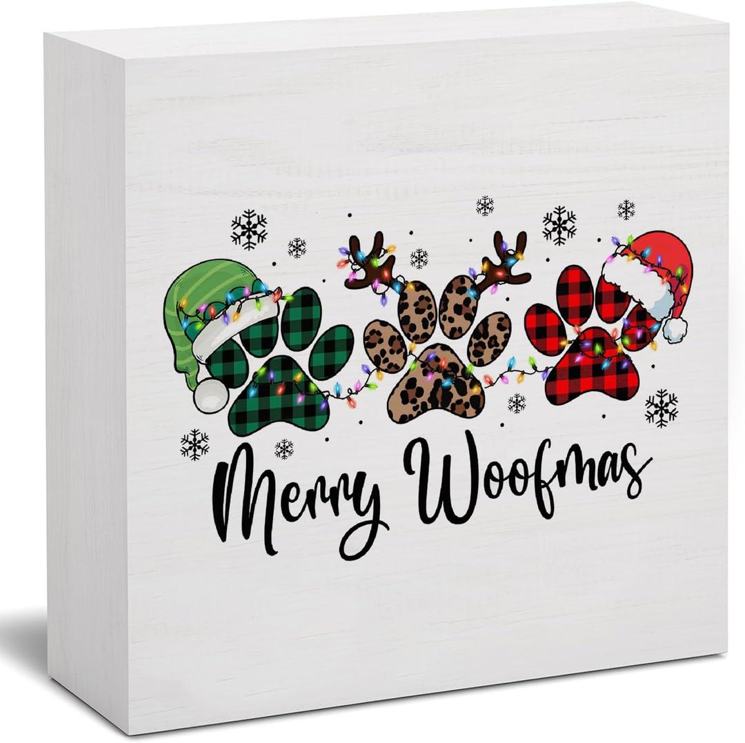 Christmas Merry Woofmas Wooden Sign Decor, Rustic Cute Dog Dog's paw Decorations Holiday Home Decor Indoor, 5x5 Inch