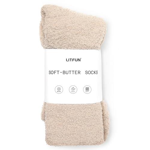 Litfun Fuzzy Socks for Women Cozy Fluffy Winter Warm Sleep Socks Super Comfy and Soft, Stone, M