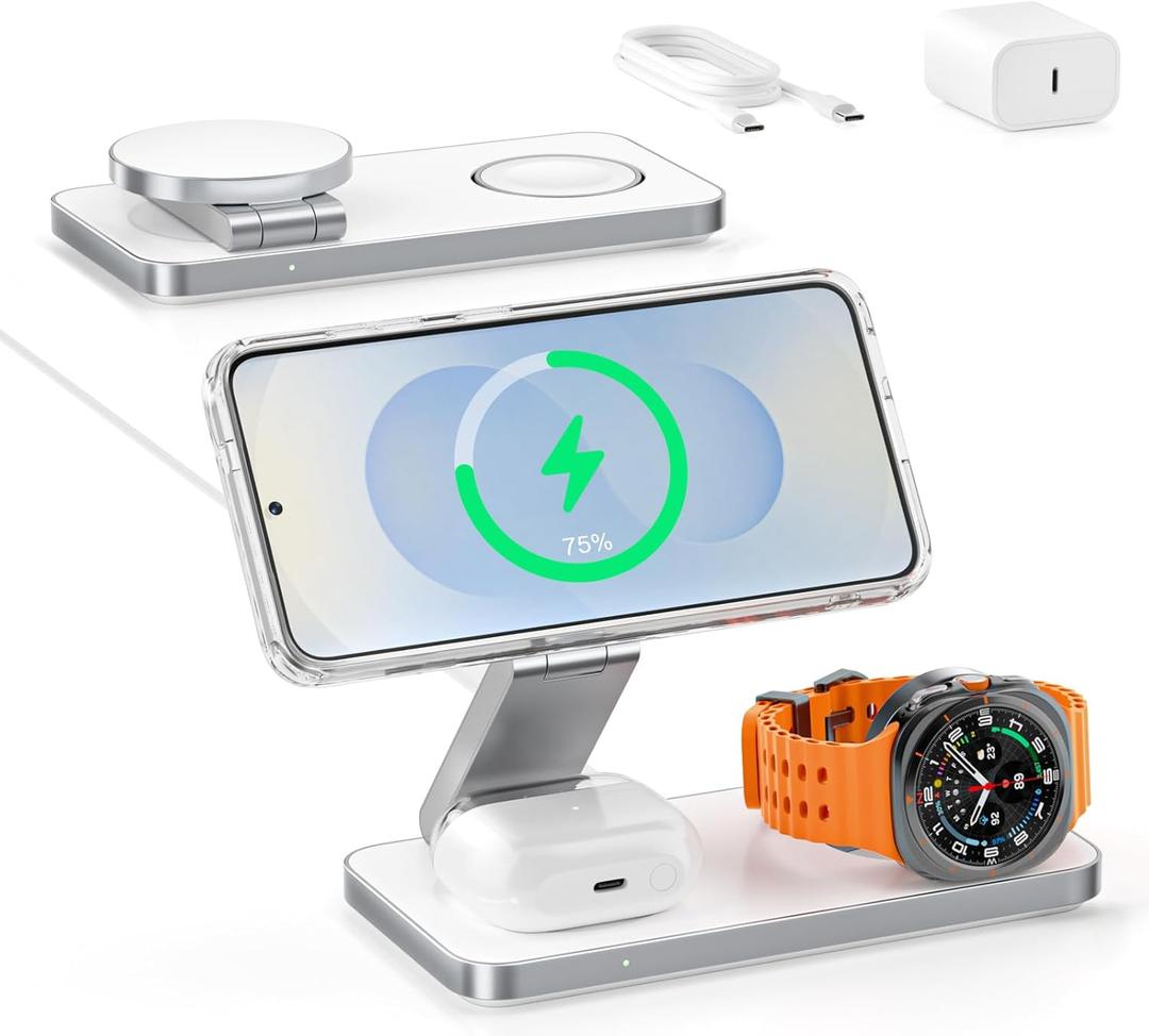 3-in-1 Charging Station for Samsung, Magnetic Fast Wireless Charger Stand Compatible with MagSafe for Galaxy S26/S25/S24/S23/Z Fold/Flip Series, Galaxy Watch Ultra/8/7/6/5, Galaxy Buds Pro/4/3/2