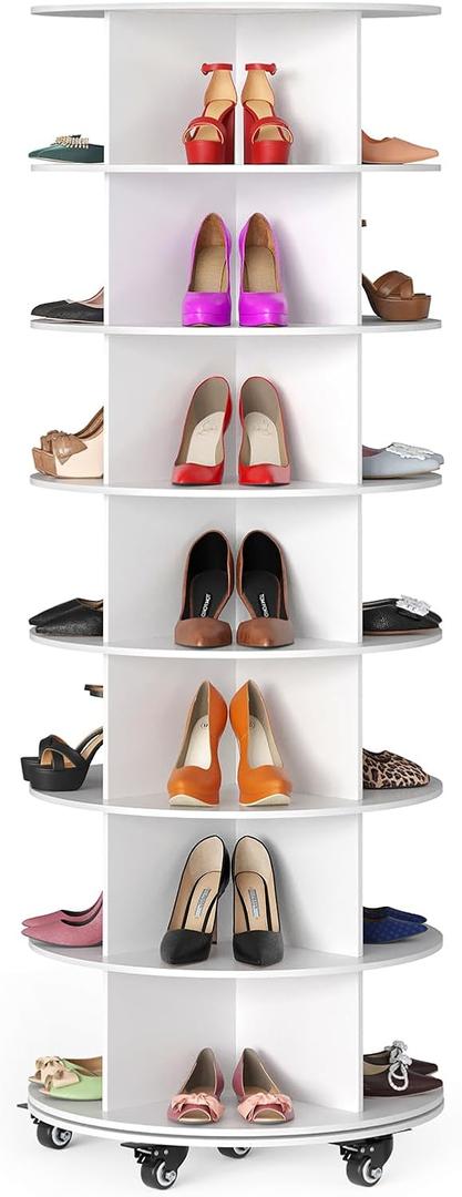 SpaceAid Spinning Shoe Rack with Wheels, 7 Tier Rotating Organizer Shoe Tower Lazy Susan with Thick Bottom, 360 Display Revolving Storage Shelf, Round Circular Rotate Organization, White