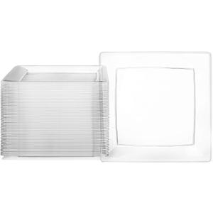 Oasis Creations Clear Square Plates Set 9" - 50 Count - Premium Hard Clear Plastic - Disposable and Reusable - Dinner - Salad - Party Plate Set - Weddings, Parties, Events & More!