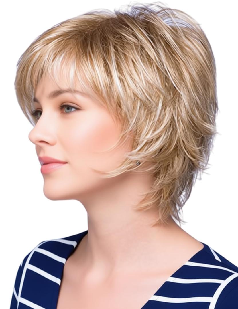 TISHINING Short Blonde Pixie Cut Wigs for White Women with Bangs Shaggy Layered Mixed Blonde Natural Wavy Synthetic Hair Wig Heat Resistant Fiber Hair Replacement Wig