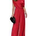YMDUCH Women's Casual Off Shoulder Short Sleeve Wide Leg Long Pant Elegant Sparkly Party Jumpsuit Red Sparkly Size Large