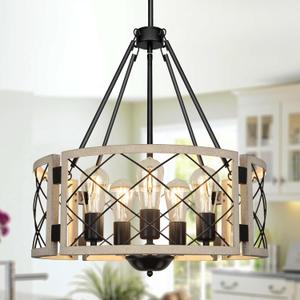 18.9'' Farmhouse Drum Chandelier, 5-Light Adjustable Dining Room Light Fixture Kitchen Island Lighting, Rustic Hanging Lights for Entryway Dining Room Kitchen Table Foyer Living Room. (White)