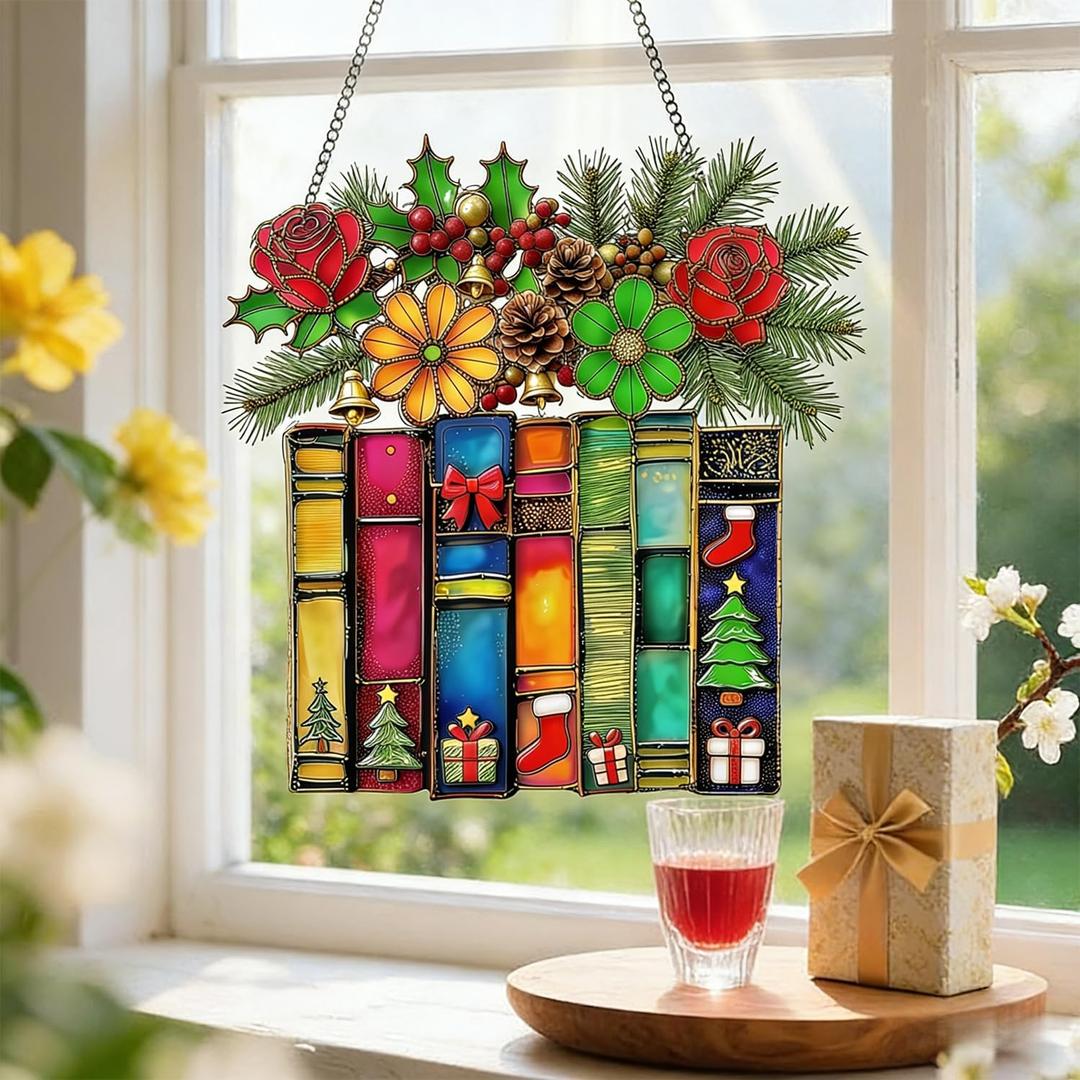 2 x Suncatcher Book Ornament Christmas Hanging Window Decor Acrylic,Christmas Ornament Outdoor Decor Garden Bookish Gifts for Librarian, Book Lovers, Reader, Women, Suncatcher Effect Decor