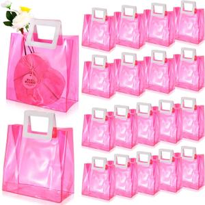 Paterr 20 Pcs Clear Reusable Gift Bags Wedding Wrap Tote Bag with Handles 7.9 x 8.3 x 3.9 Inch PVC Holographic Gift Favor Bags for Wedding Valentine's Day Bridal Party Birthday Mother's Day(Pink)