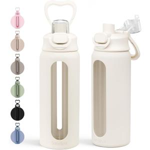 Glass Water Bottle with Silicone Sleeve 24oz with Lid, Motivational Time Marker, Drinking Hydration Glass Bottles for Men Women, Gym Travel Sports (Cream)