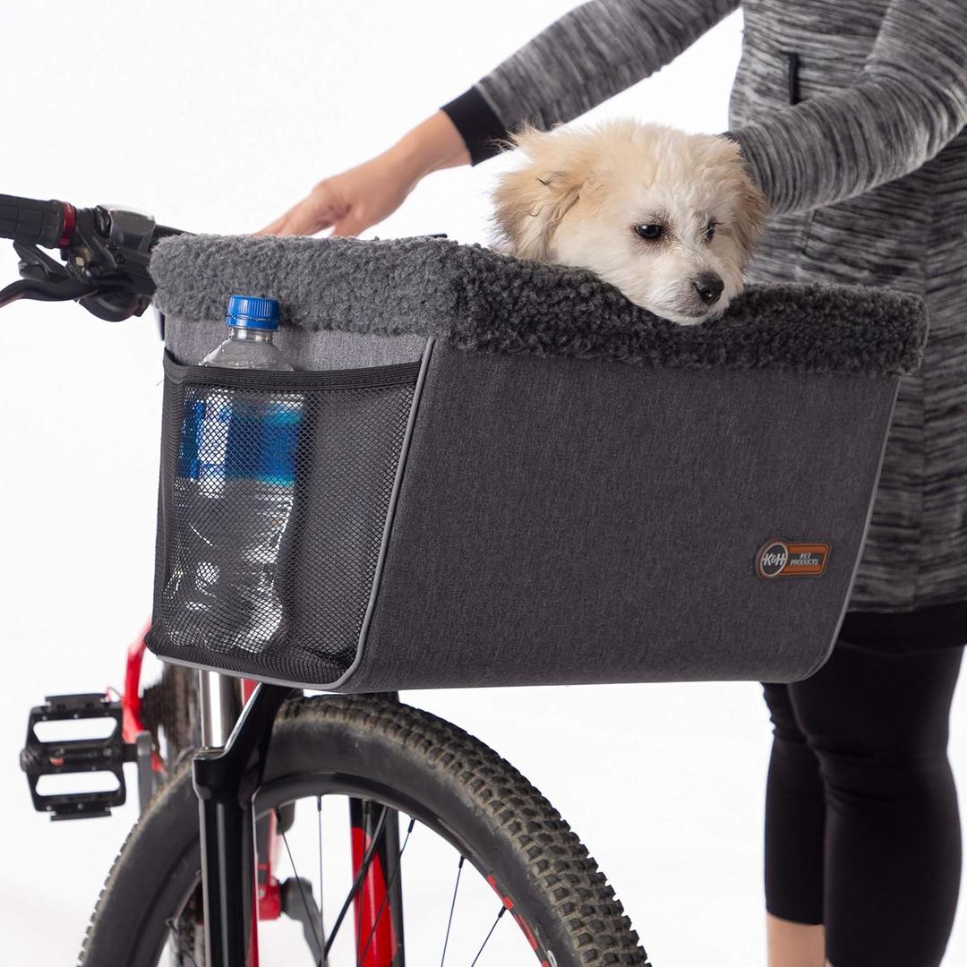 K&H Dog Bike Basket Front Mount, Pet Bike Carrier for Small Dogs & Cats, Bicycle Dog Basket with Safety Leash, Washable Liner, Heavy Duty Metal Frame, Universal Fit, 16x12x10 in