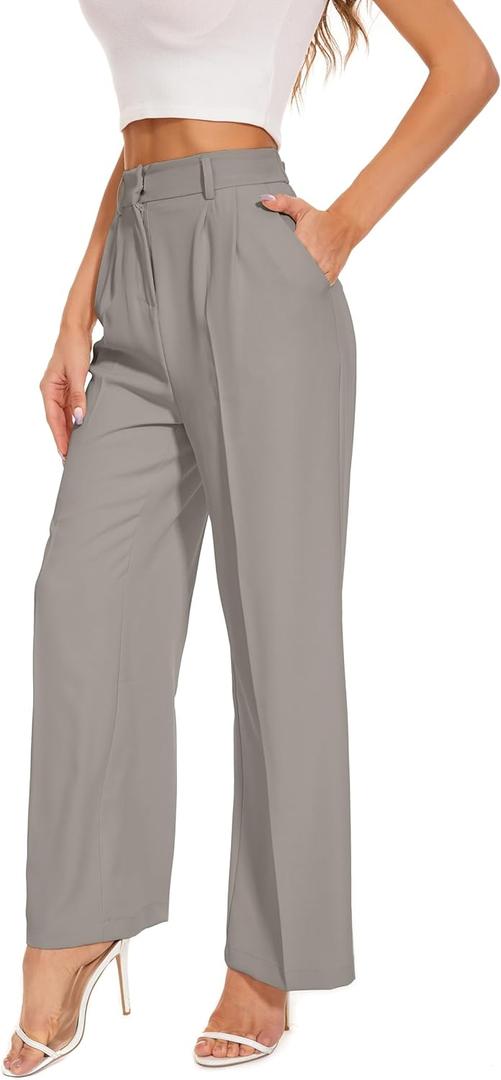 FUNYYZO Wide Leg Pants Women's High Elastic Waisted in The Back Business Work Trousers Long Straight Suit Pants (006# Light Gray (Thin))