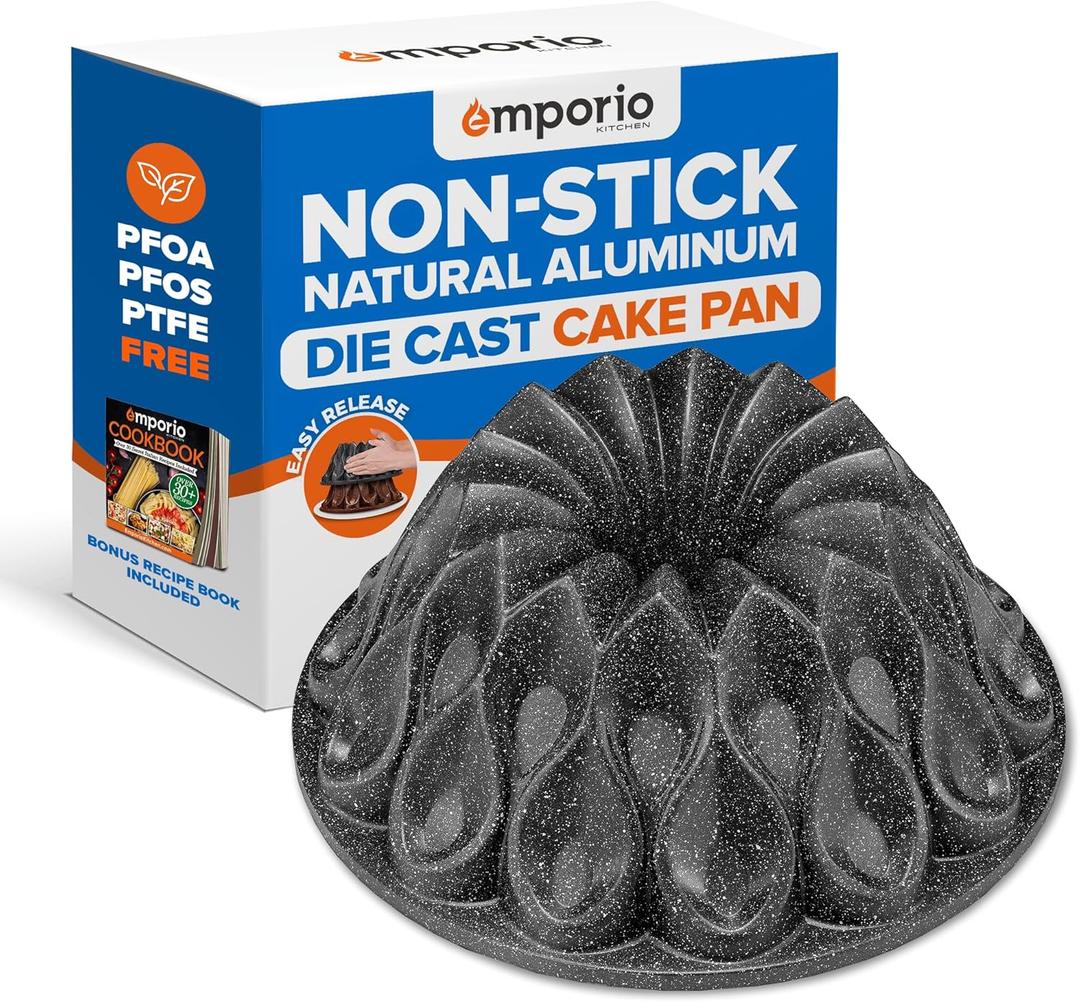 Baking Pan - Two-Layered Nonstick Gray Marble Coating, Aluminum Fluted Cake Pan, Oven Safe (Up To 450 F), PFOA, PFOS, and PTFE Free, Recipe Booklet Included, Swirl Shape Pan, Gray
