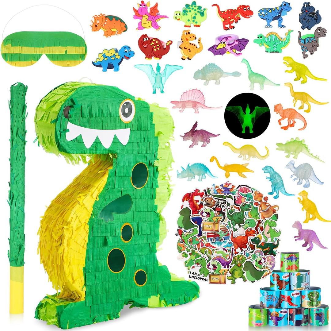 Hanaive 141 Pcs Dinosaur Piata for Birthday Party, Dino Piata Set with Blindfold and Baton, 16 x 12 x 3 Inch, Kids Dinosaur Themed Party Favors for Boys and Girls(Lovely Style)