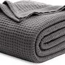 Bedsure 100% Cotton Blanket Queen Size for Bed - Breathable and Soft, Waffle Weave Blanket for Summer Spring, Dark Grey, 90x90 Inches