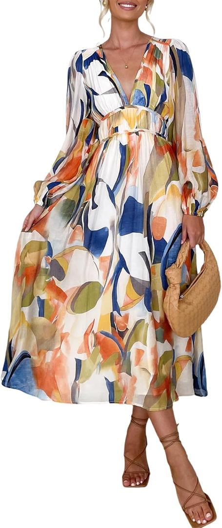 Women's Long Sleeve Floral Maxi Dress 2026 Spring Summer Wedding Guest Dress (Large, C#blue-watercolor Print)
