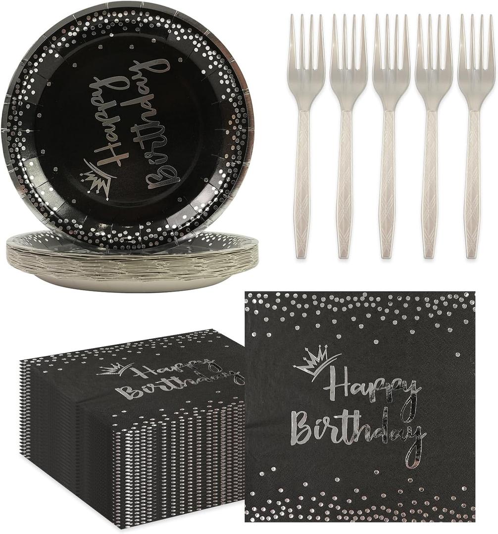 75PCS Happy Birthday Paper Plates Set, Black Sliver Crown Party Plate 6.5Inch Napkins 6.3 Inch Plastic Fork Tableware Dessert Plates Guests for Birthday Party Decoration-Serve 25