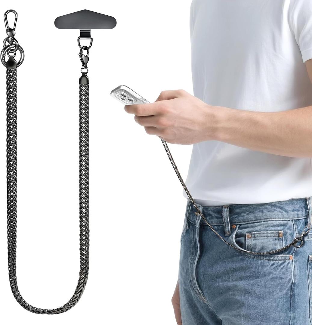 ROCONTRIP Anti-Theft Phone Lanyard Tether & Pants Chain Heavy-Duty Phone Strap With Metal Tether Tab Detachable Anti-Drop Lanyard for iPhone,Wallet,Key Great for Outdoor Hiking Cycling(Gunmetal Black)