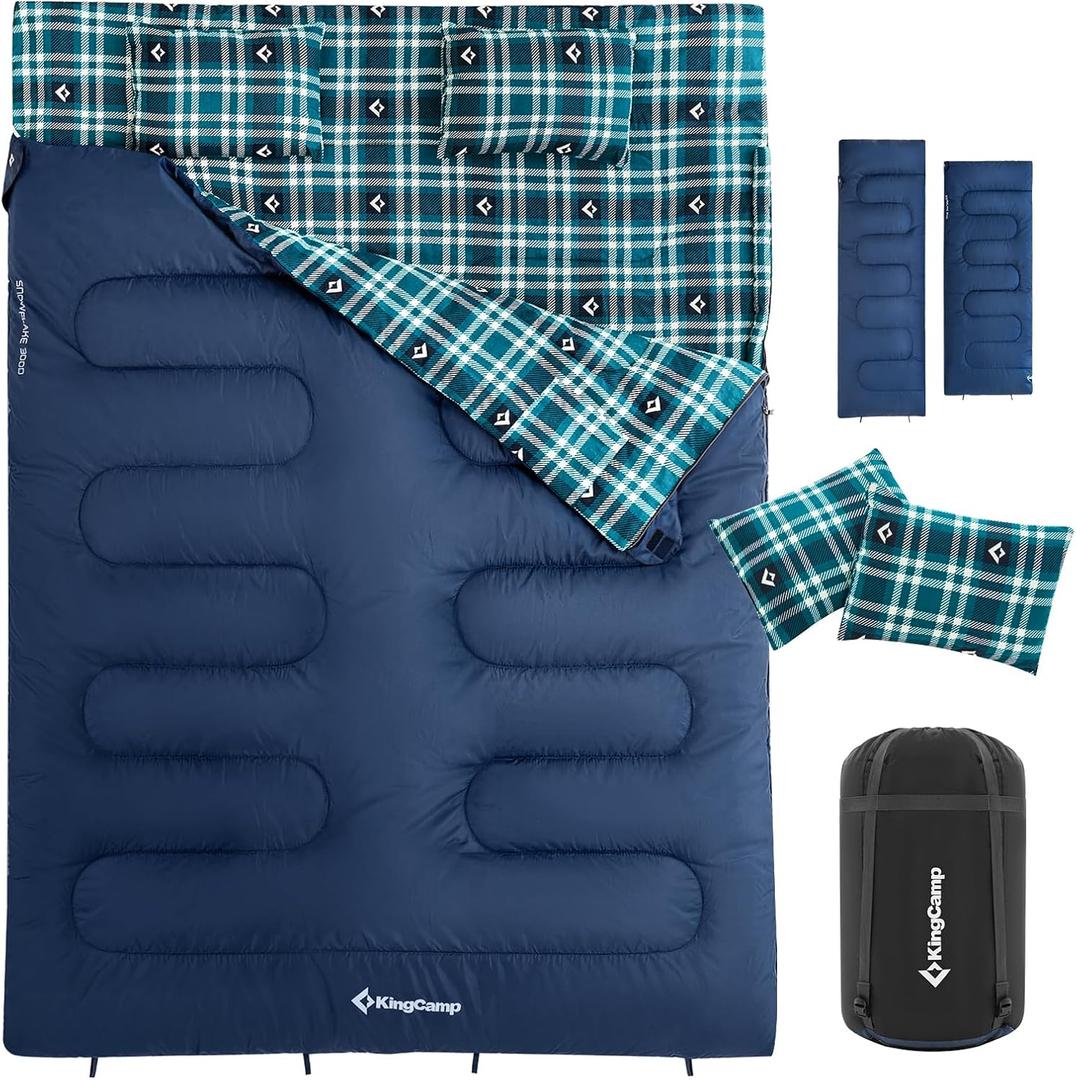 KingCamp Double Sleeping Bag for Adults, Queen Size 2 Person XXL Flannel Sleeping Bag, Waterproof Lightweight Flannel Quilt with 2 Pillows, Perfect for Couples Family Camping Hiking (Envelope-Navy)