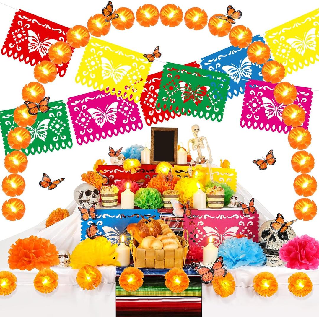 Newwiee 56 Pcs Day of The Dead Altar Decorations Kit Disposable Tablecloth Marigold Garland with LED Monarch Butterfly Papel Picado Banner LED Candle Paper Flower for Dia De Muertos (Colorful, White)