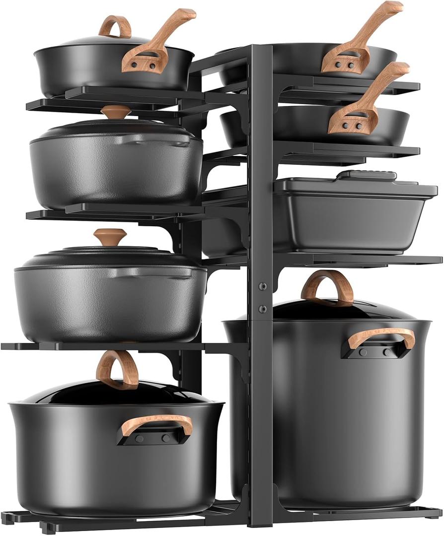 LAMU Pots and Pans Organizer under Cabinet 20.8" Height, 8 Tier Heavy Duty Pan Organizers inside Cabinet with Adjustable Pot Rack, Holds up to 120 LB for Stockpots Dutch Ovens and Cast Iron Cookware