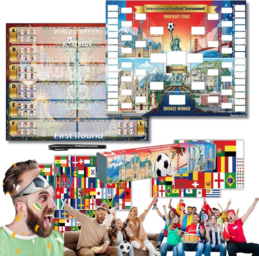 iPEAU 2026 World Cup Football Interactive Schedule Poster–Soccer Tournament Wall Char t& Score Tracker/Predict Results&Track 104 Matches Group Stage&Knockout w/Stickers Premium Fan Gift