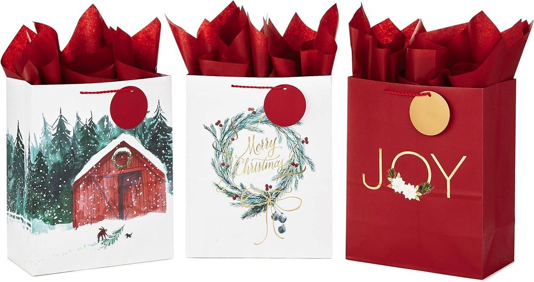 Hallmark 13" Large Christmas Gift Bag Assortment with Tissue Paper (3 Bags: "Merry Christmas" Wreath, Gold Joy, Snowy Red Barn) Red, White, Gold Foil