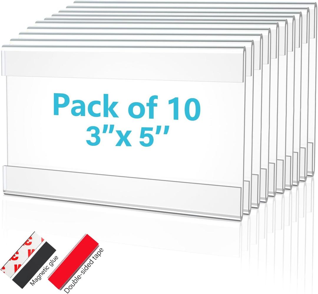 3X5 Inch Clear Acrylic Sign Holder  Reusable Adhesive & Magnetic Strip Included  Peel & Stick Wall/Tabletop Display for Menus, Labels, Signage (10 Pack)