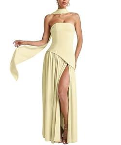 ABINGOO Women Strapless Patchwork Maxi Dress Sexy High Slit Tube Top Party Club with Scarf Long Prom Wedding Guest Dresses(Yellow,S)