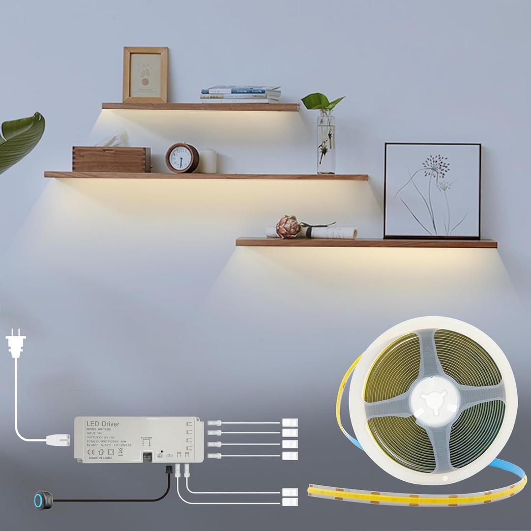 HAMRVL LED Shelf Lights, 16.4ft 12V COB LED Strip Lights, Plug-in DIY Cut to Size 4000K Natural White Tape Lights, Dimmable Under Shelf Lighting for Bookcase, Kitchen Cabinet, Display Case, Showcase