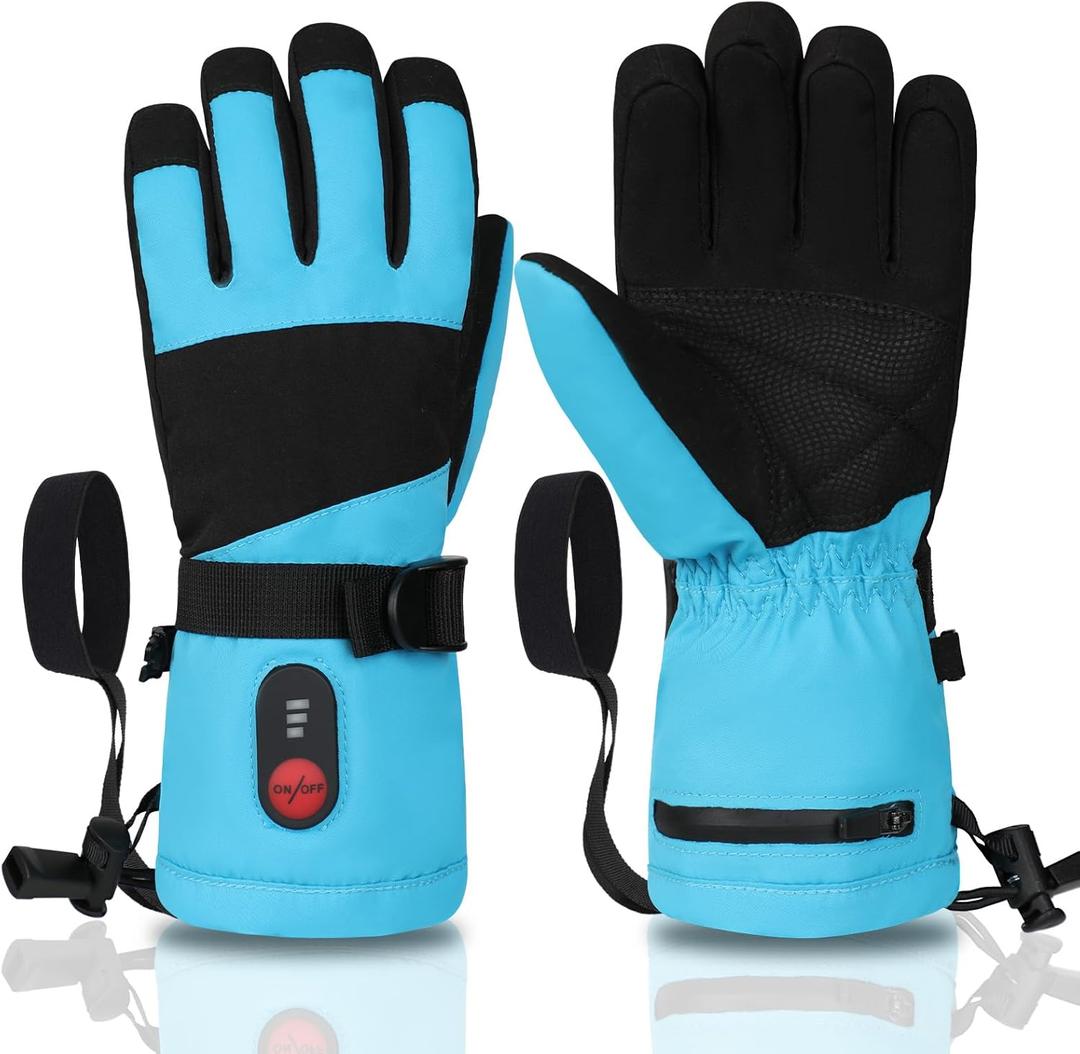 Kids Heated Ski Gloves, 3-Heat Settings, Rechargeable, Water Resistant, Windproof, Ideal for Skiing, Snowball Fights, Cycling (XX-Small, Blue)