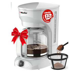 MUELLER HOME 12-Cup White Coffee Maker - Borosilicate Carafe, Auto-Off, Reusable Filter, Anti-Drip, Keep-Warm Function, Clear Water Level Window, White Kitchen Accessories