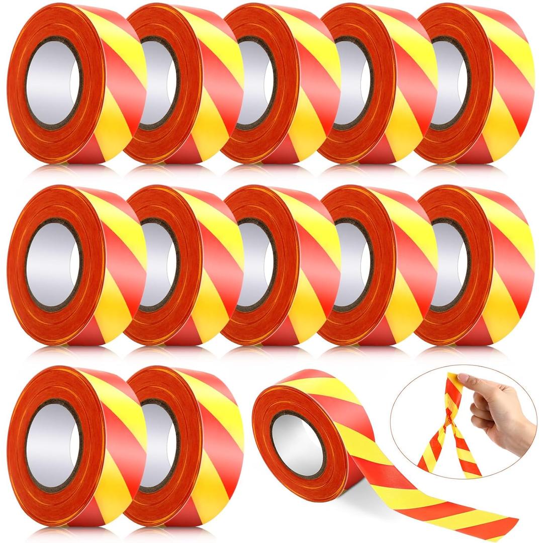 Blosssound 12 Pack Flagging Tape with Yellow Red Stripes 1 inch x 1800ft Marking Ribbon Non Adhesive Plastic Surveyors Tape for Hunting Trail Hazardous Areas Halloween Party Decors