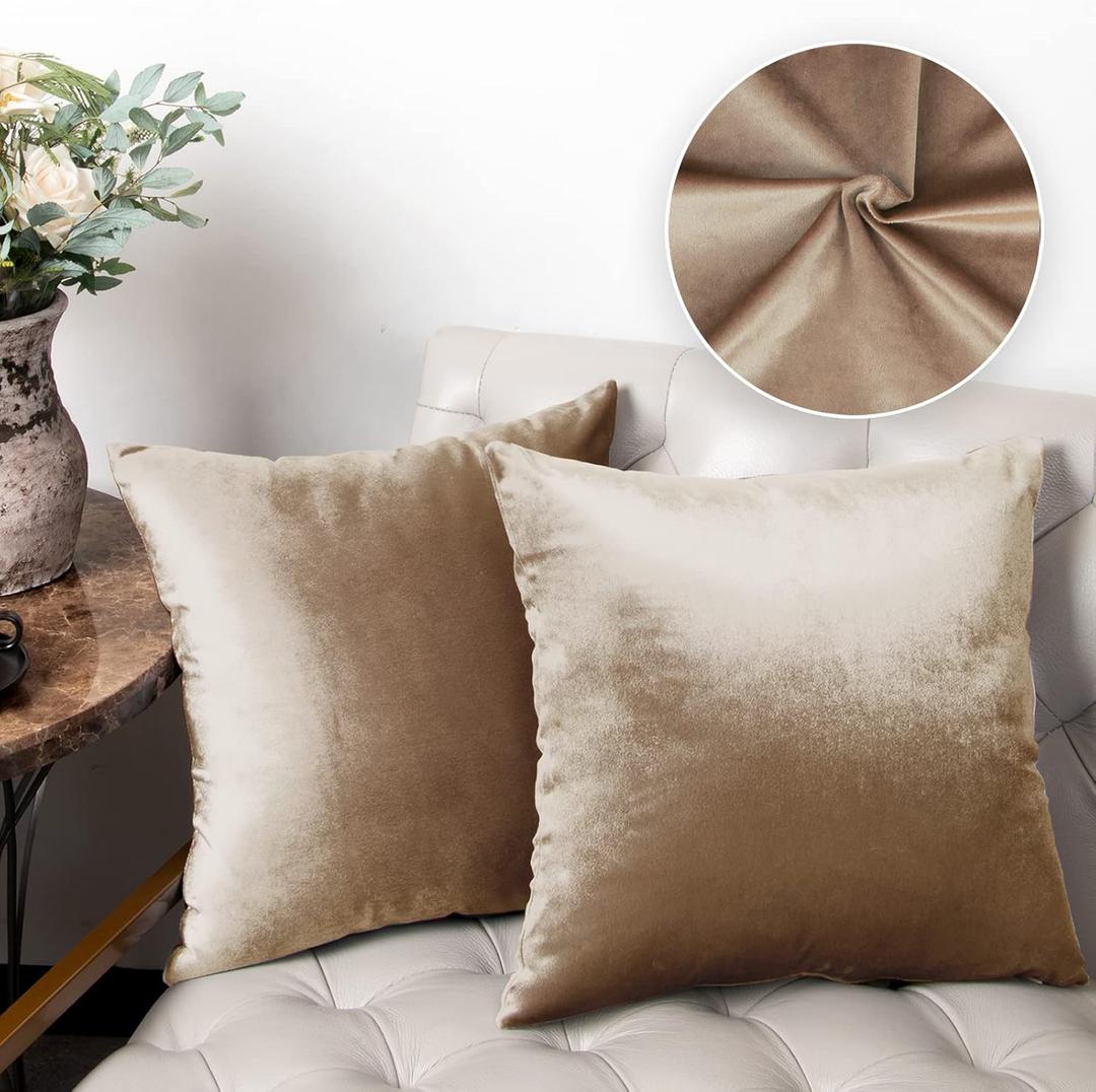 Throw Pillow Covers, Cozy Velvet Square, Soft Solid Decorative Cushion Pillowcases for Couch, Bed and Car, 18 x 18 Inches Champagne Brown, Pack of 2