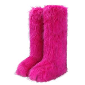 ZJGZF Pink Faux Fur Boots for Women Fuzzy Fluffy Furry Boots Winter Snow Boot Tall Cute Comfort Warm Shoes Soft Wide Calf Knee High Boot Rose