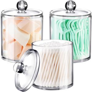 SheeChung 3 Pack Qtip Dispenser Apothecary Jars Bathroom with Labels-Clear Plastic Qtip Holder Storage Set for Cotton Ball,Cotton Swab,Cotton Rounds,Floss Picks, Hair ClipsHair Ties