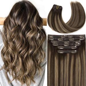 Clip in Hair Extensions Real Human Hair 16in 7Pcs 18 Clips PU Weft Seamless Extensions Clip in Human Hair Chestnut Brown Mixed Dark Brown with Dark Brown Roots Natural Human Hair For Women 130g