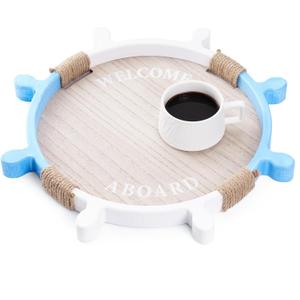 Nautical Wooden Serving Tray, 13 Round Ship Wheel Coastal Decorative Tray with Handles for Coffee Table, Wall Hanging Decor Tray for Beach House, Breakfast Serving