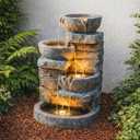 Teamson Home 33" Outdoor Water Fountain with LED Lights, 3-Tier Cascading Bowls, Weather-Resistant Resin Garden Water Feature for Patio, Lawn, and Backyard Decor Stone Gray