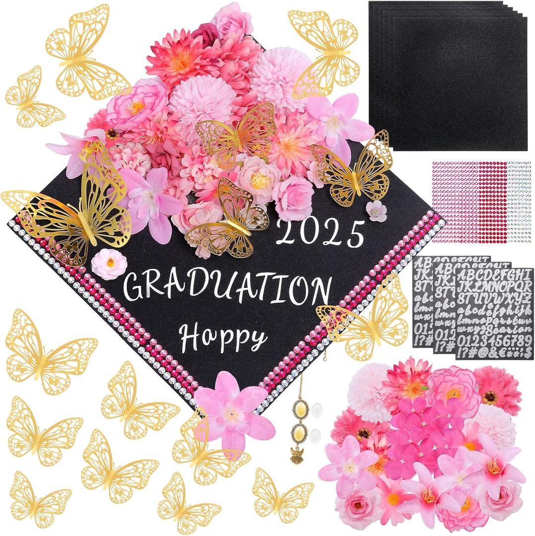 Pink Graduation Cap Decorations Kit DIY Grad Cap Topper with Artificial Flower 3D Butterfly Rhinestones Alphabet Letter Number Stickers for 2025 Graduation Party Decorations Supplies (Pink)