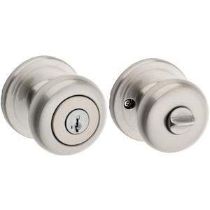 Kwikset Juno Entry Door Knob with Lock and Key, Secure Keyed Handle Exterior, Front Entrance and Bedroom, Satin Nickel, Pick Resistant SmartKey Rekey Security and Microban, 2
