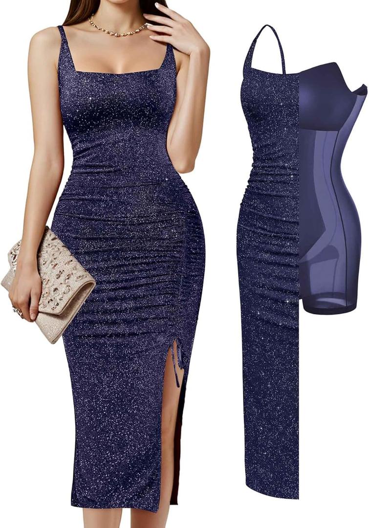 Popilush Shapewear Midi Dress Women's Sparkly Formal Wedding Guest Cocktail Dresses Fall Square Neck Ruched Dress Side Slit (Medium, Blue)