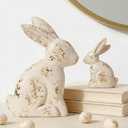 DN DECONATION Easter Decorations White & Gold Bunny Decor Rabbit Figurines, Wabi Sabi Easter Bunny Statue Set of 2 for Spring Tabletop Home Decor Farmhouse Shelf Mantel, Pressed Wood Sculpture
